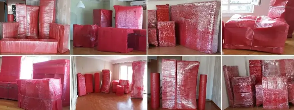 Kırmızı ambalaj malzemeleri ile ev taşıma süreci